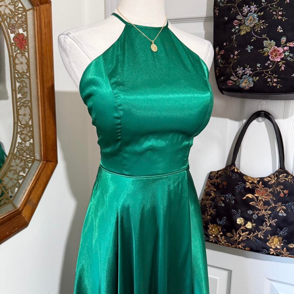 Y2K Blondie Nites Emerald Green Satin Halter Neck Lace Up Corset Formal Dress 3 - Picture 3 of 6